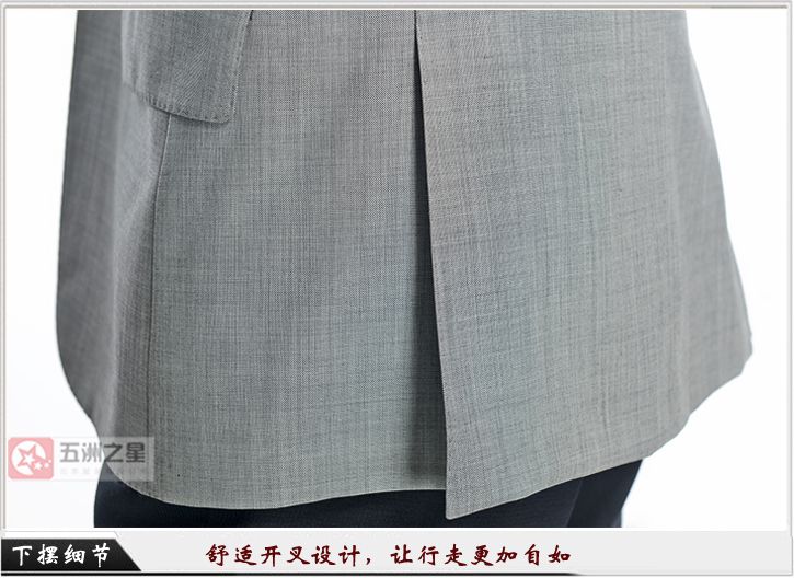 淺灰色單?？勰锌盥殬I(yè)工作服定做下擺細(xì)節(jié)圖